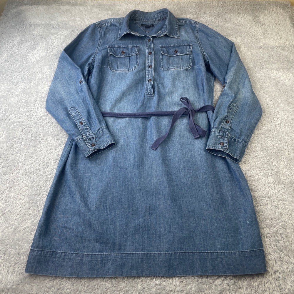Tommy Hilfiger Shirt Dress Womens Large Blue Denim Chambray Roll Tab Belted
